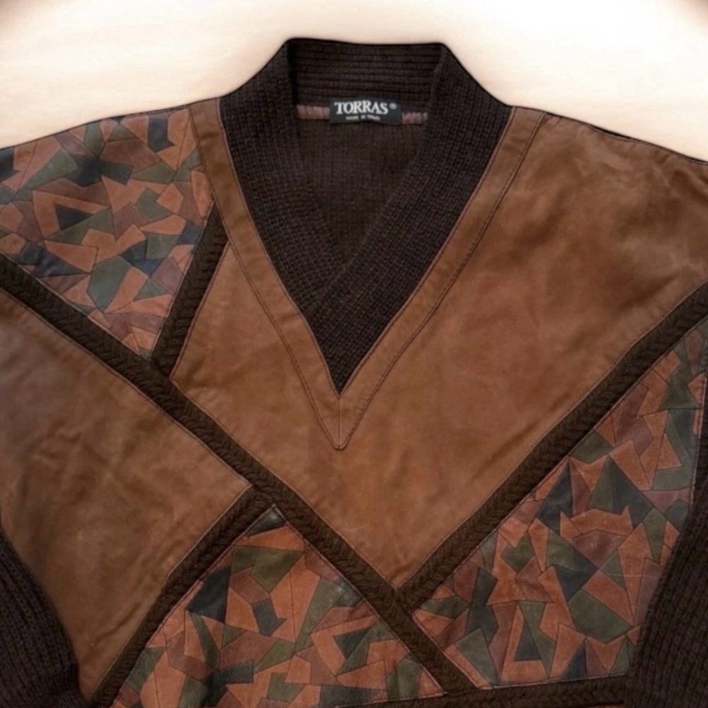 VTG TORRAS Spain Leather Patchwork Knit sweater- S Geometric Avant-Grade 80s/90s